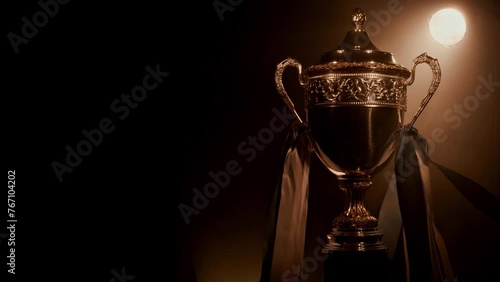 Silver trophy cup standing isolated for design Premium award sport achievement. Best prize for sport success. Brilliant result of playoff and championship. Concept of winner, breakthrough and champion photo