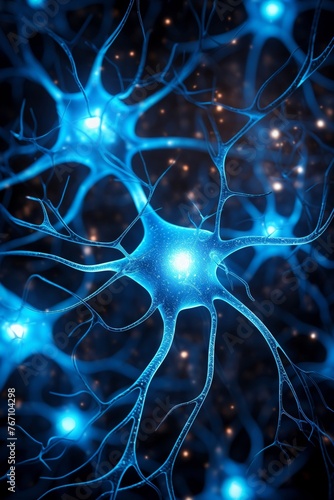 Neurons transmitting signals, electric blue on black, top view, hyperdetailed macro © Holly Design