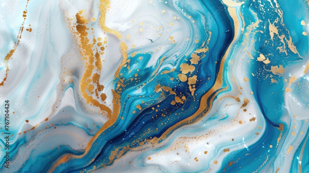 Abstract marbled background. Luxurious elegant blue and white marble stone texture, with gold details.