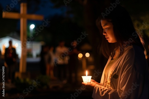 woman holding a candle praying in front of cross during vigil