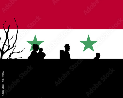 Immigration and refugees front of Syria flag, immigrant and refugee concept