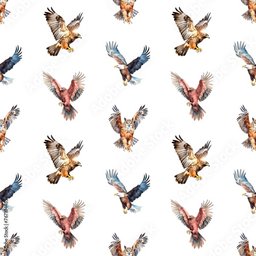 Watercolor seamless pattern with different flying birds of prey on white background.