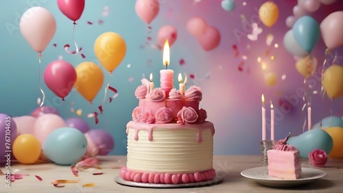 Cake with candle  balloons birthday background