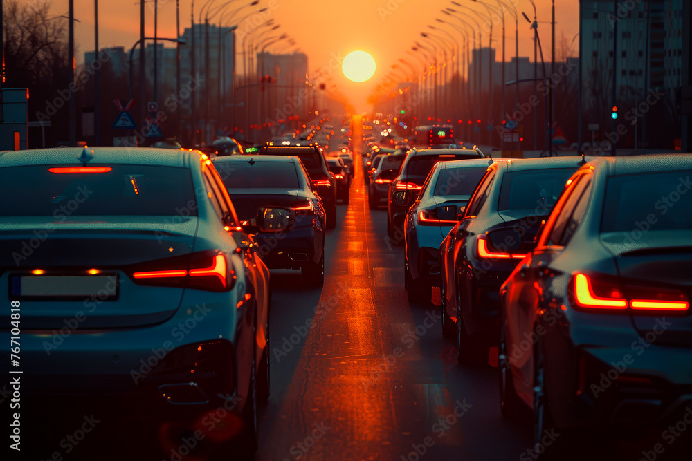 Car traffic jam against the sunset background.