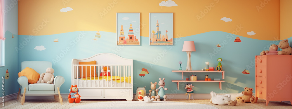 Kids Bedroom. Colorful Nursery Room Interior. Nursery Room Interior With a Copy Space. Modern style Nursery Bedroom. children's room interior. Nursery Interior.