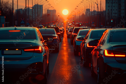 Car traffic jam against the sunset background.