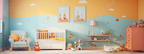 Kids Bedroom. Colorful Nursery Room Interior. Nursery Room Interior With a Copy Space. Modern style Nursery Bedroom. children's room interior. Nursery Interior.