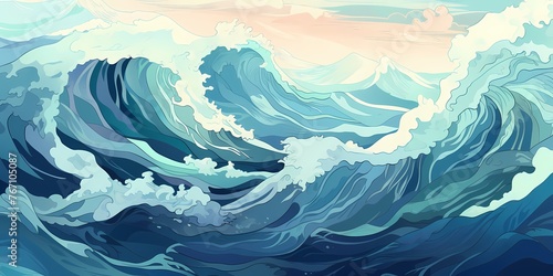 A dramatic gradient waves illustration, blending from teal to navy blue, conveying the raw power and majesty of waves rising and falling in the open ocean.
