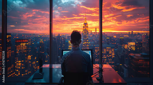 an unknown investor looking out the window of an office at the top of a skyscraper, behind him a large desk with monitors showing stock market research. photo