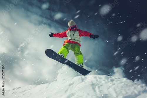 snowboarder in bright clothing against a stormy sky midjump