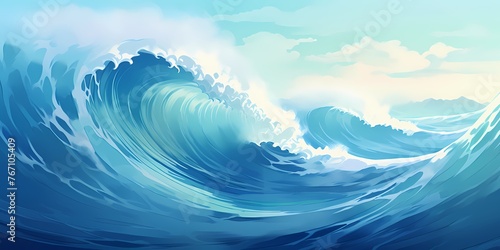 A dramatic gradient waves illustration, blending from teal to navy blue, conveying the raw power and majesty of waves rising and falling in the open ocean. © Kanwal