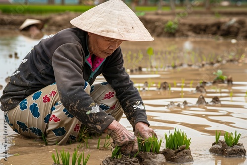 vietnamese elder planting rice seedlings in paddy field