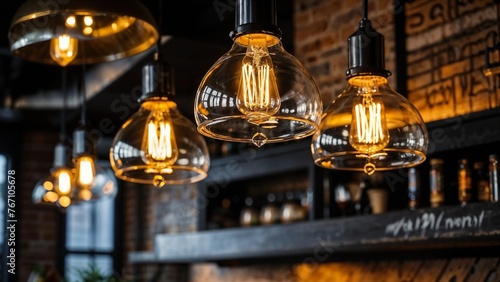 Warm Filament Bulbs Adorn Modern Cafe, Infusing Ambiance with Vintage Charm
