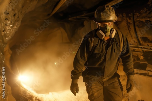 miner with mask operating in a dusty tunnel