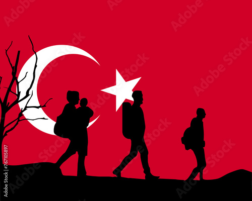 Immigration and refugees front of Turkey flag, immigrant and refugee concept
