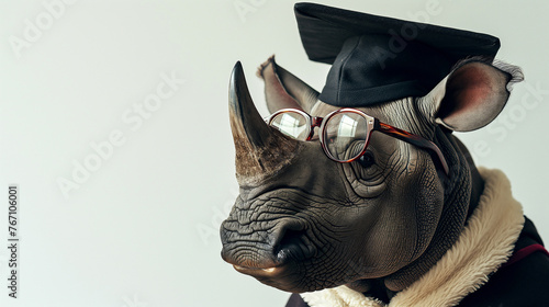 Portrait of rhinoceros wearing a graduation cap and glasses.