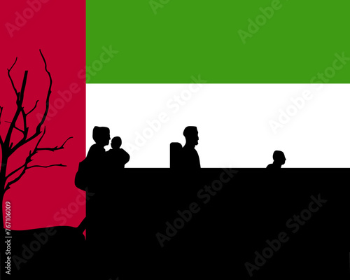 Immigration and refugees front of UAE flag, immigrant and refugee concept
