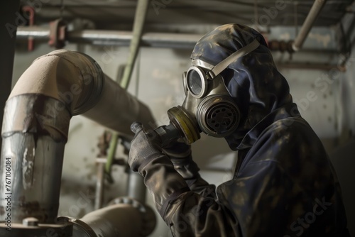individual with a gas mask inspecting pipes for chemical leaks
