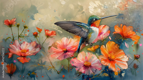 realistic oil painting with watercolor spashes and drips of 2 humming birds closeup with beautiful flowers in a beautiful garden setting but the picture is a closeup of the humming birds and a few bri photo