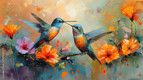 realistic oil painting with watercolor spashes and drips of 2 humming birds closeup with beautiful flowers in a beautiful garden setting but the picture is a closeup of the humming birds and a few bri photo