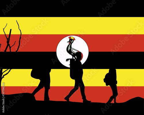 Immigration and refugees front of Uganda flag, immigrant and refugee concept