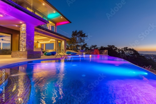 luxurious home pool with multicolored lighting at night