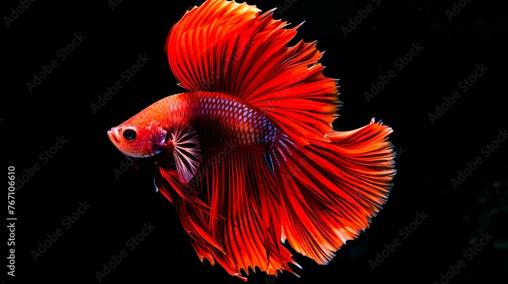 Red-orange fish with a long tail swimming in the water Red-orange fish with a long tail swimming in the water