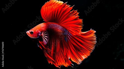 Red-orange fish with a long tail swimming in the water