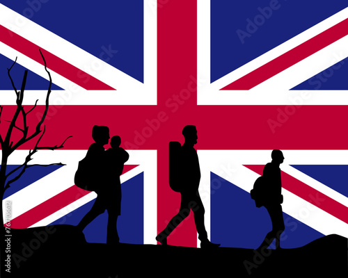 Immigration and refugees front of United Kingdom flag, immigrant and refugee concept