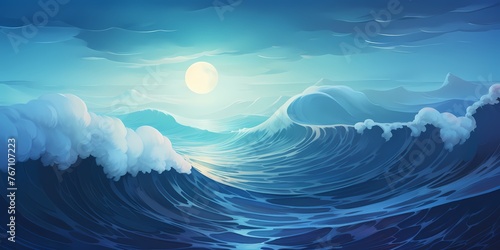 A captivating gradient waves artwork, blending from cyan to cobalt, creating a striking visual representation of the ebb and flow of ocean waves in the moonlight.