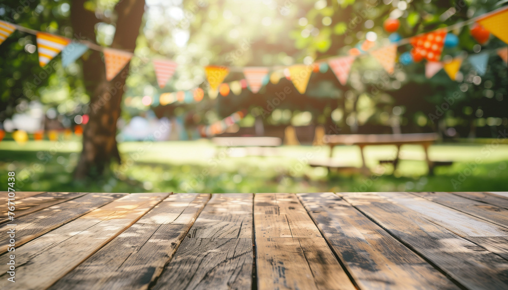 Festive Party Atmosphere with Wooden Table and Blurred Background Festive Party Atmosphere with Wooden Table and Blurred Background