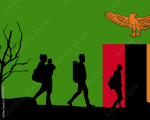 Immigration and refugees front of Zambia flag, immigrant and refugee concept