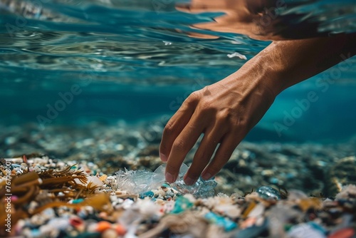 Macro shot of a persons hand removing plastic from the ocean, a fight against pollution