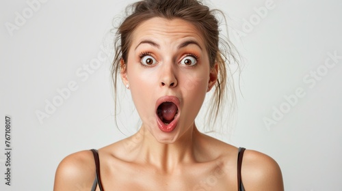 Shocked European woman while watching look above isolated white background .Image of excited screaming young woman standing isolated over orange background. Looking camera.Portrait American woma