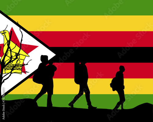 Immigration and refugees front of Zimbabwe flag, immigrant and refugee concept