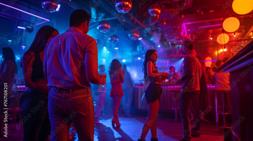 Vibrant nightclub scene with revelers dancing under dynamic lights