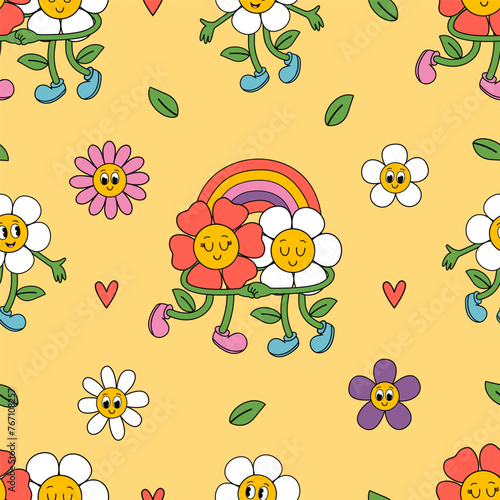 seamless pattern  with groovy flowers and rainbow