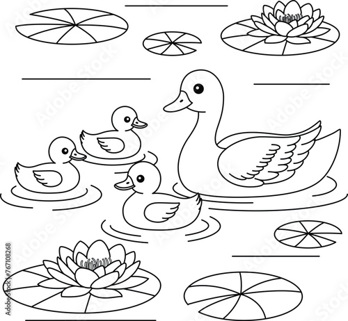 Cute kawaii a duck family is swimming in a tranquil pond cartoon character coloring page vector illustration