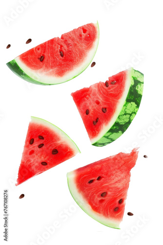 Falling Watermelon isolated on white background, clipping path, full depth of field