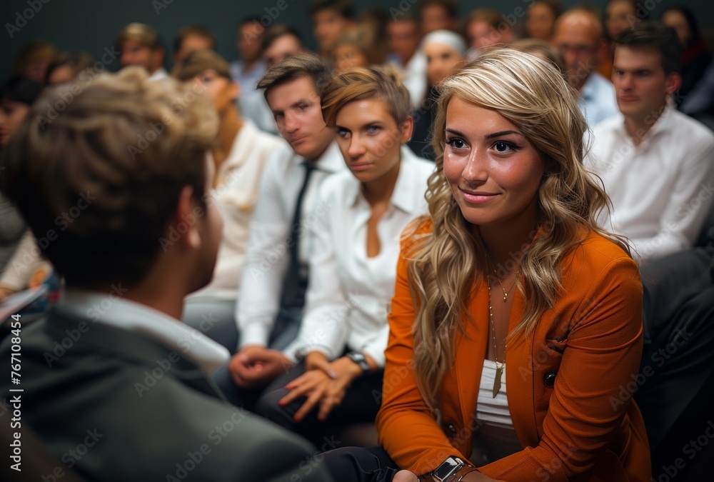 A woman in an orange jacket is sitting in a crowd of people A woman in an orange jacket is sitting in a crowd of people