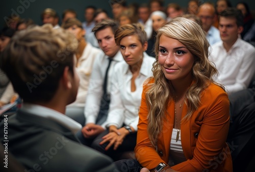 A woman in an orange jacket is sitting in a crowd of people