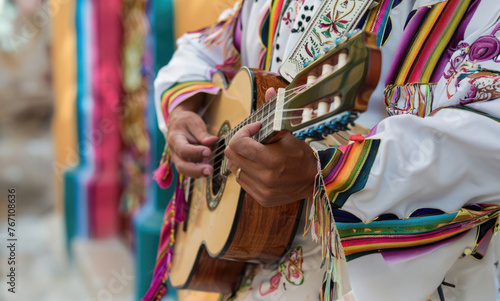 Mariachi Playing Guitar In The Street, Wearing Traditional Clothes, Closeup