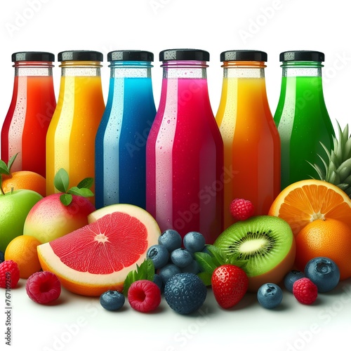  Bottles with multi-colored liquid or multifruit juice on a white background