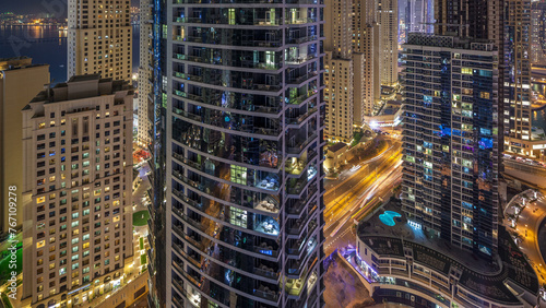 Night illumination of Dubai Marina aerial timelapse, UAE.