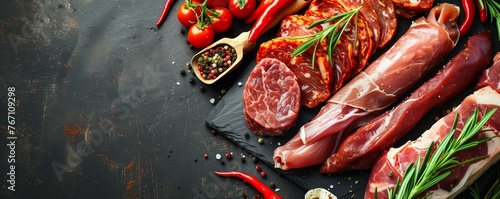 meat delicacies with seasoning on a black background photo