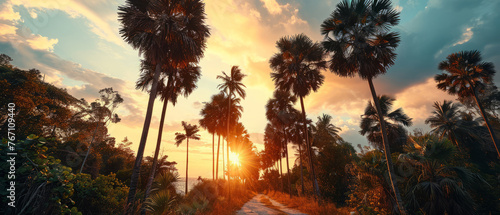 Experience the breathtaking beauty of a tropical sunset with this stunning landscape featuring towering palm trees against a backdrop of fiery orange and yellow hues