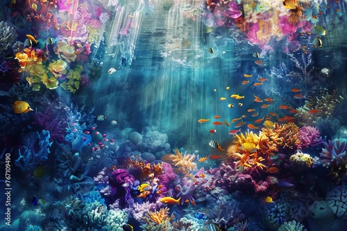 Surreal underwater scene with colorful coral reef and tropical fish, abstract digital art © furyon
