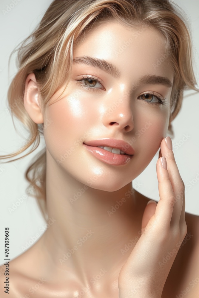 A woman with a light makeup look on her face