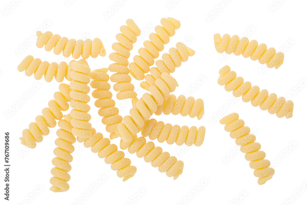 Italian spiral shaped pasta, Fusilli bucati macaroni, isolated on white background. Top view. Flat lay. Italian spiral shaped pasta, Fusilli bucati macaroni, isolated on white background. Top view. Flat lay.