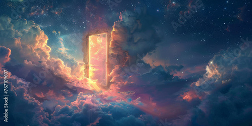 This image captures a surreal scene of a doorway floating amidst fluffy clouds in the sky, creating a mysterious and enchanting sight